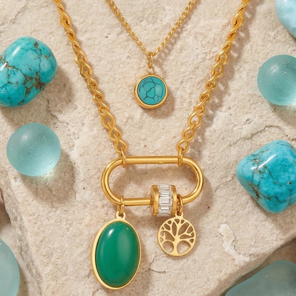18K Gold Plated Layered Turquoise Crystal Tree Of Life Necklace Boho Chic Gift - Picture 17 of 17